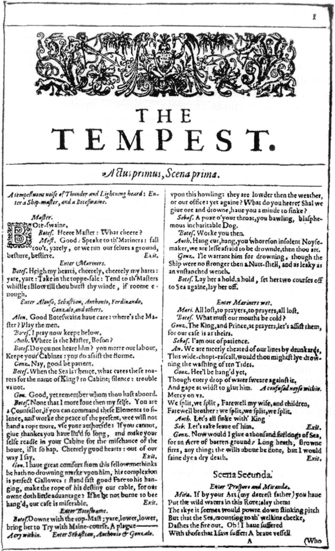 Первая страница текста пьесы У. Шекспира «Буря». Лист из Фолио-1623 г.