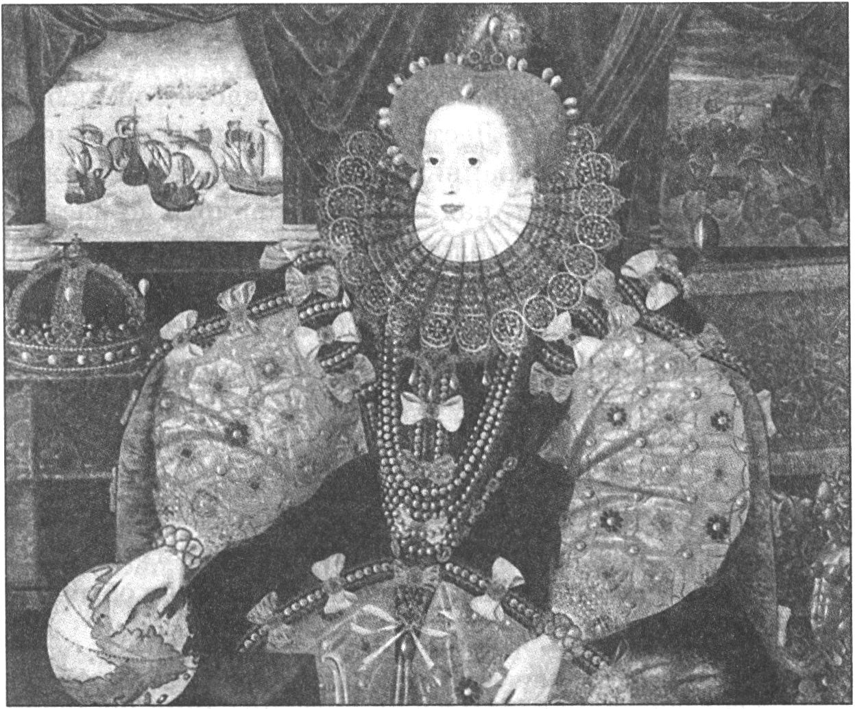 Королева Елизавета, около 1588 года. Этот портрет времени разгрома Непобедимой Армады, ставшего одним из поворотных моментов английской истории. На картине справа от королевы изображена буря, которая разбросала и уничтожила корабли Армады. Это было воспринято как вмешательство Бога, чтобы не допустить восстановления католицизма в Англии, и как знак одобрения протестантизма со стороны Всевышнего