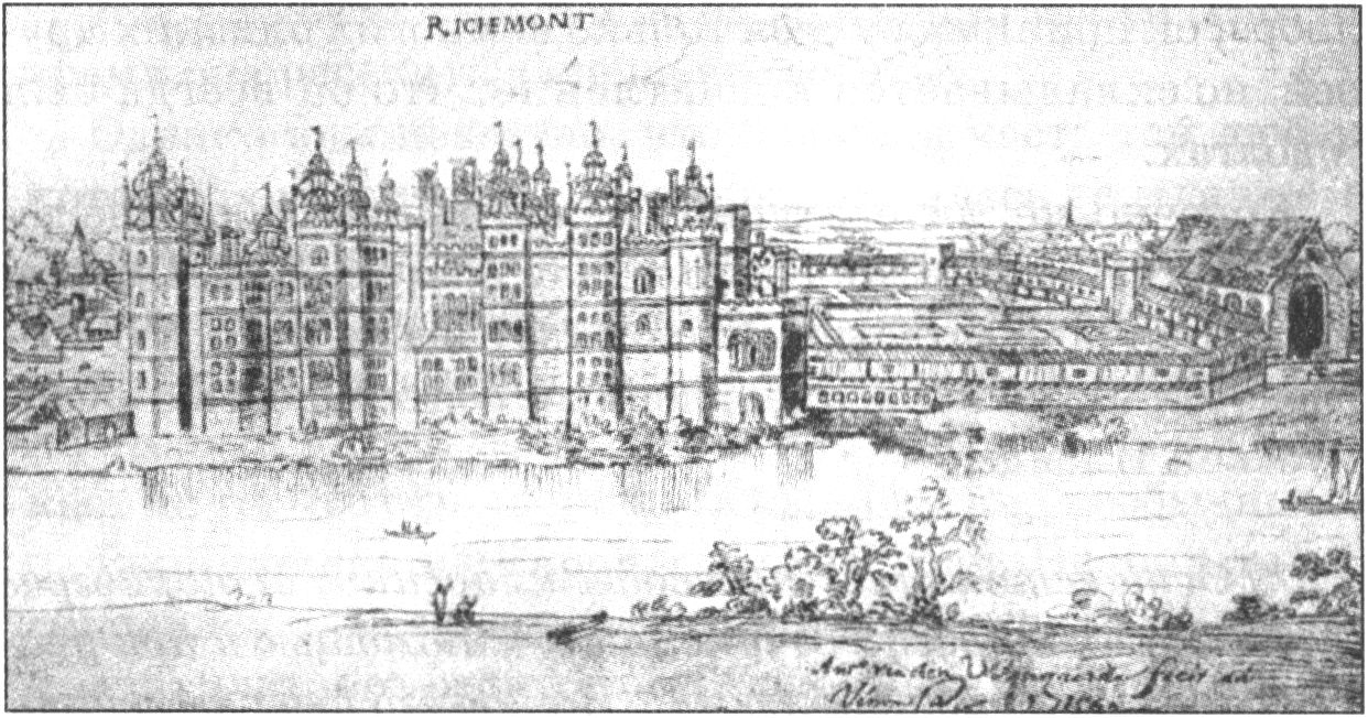 Дворец Ричмонд, одна из любимых резиденций Елизаветы, с рисунка Анто ван ден Вингаэрда (1562). Из окон этого дворца королева могла смотреть на Туикенэм-Парк, «достойный принца» дворец Фрэнсиса, расположенный на противоположном берегу Темзы. Фрэнсису было легко переплыть через реку на лодке, чтобы нанести королеве частный визит. Именно в Туикенэме Фрэнсис создал свою литературную школу, или скрипторий, собрав вместе «славные перья», которые помогали ему в его литературных трудах