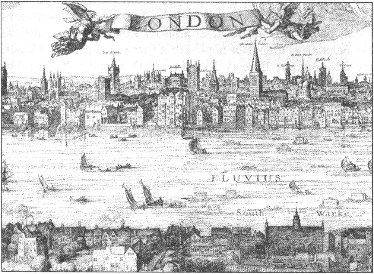 Часть панорамы Лондона работы Висшера, 1616 год. Город расположен на северном (дальнем) берегу реки. Театр «Глобус» — многофасадное здание, расположенное на южном берегу чуть влево от центра. Слева от него находится Медвежий сад