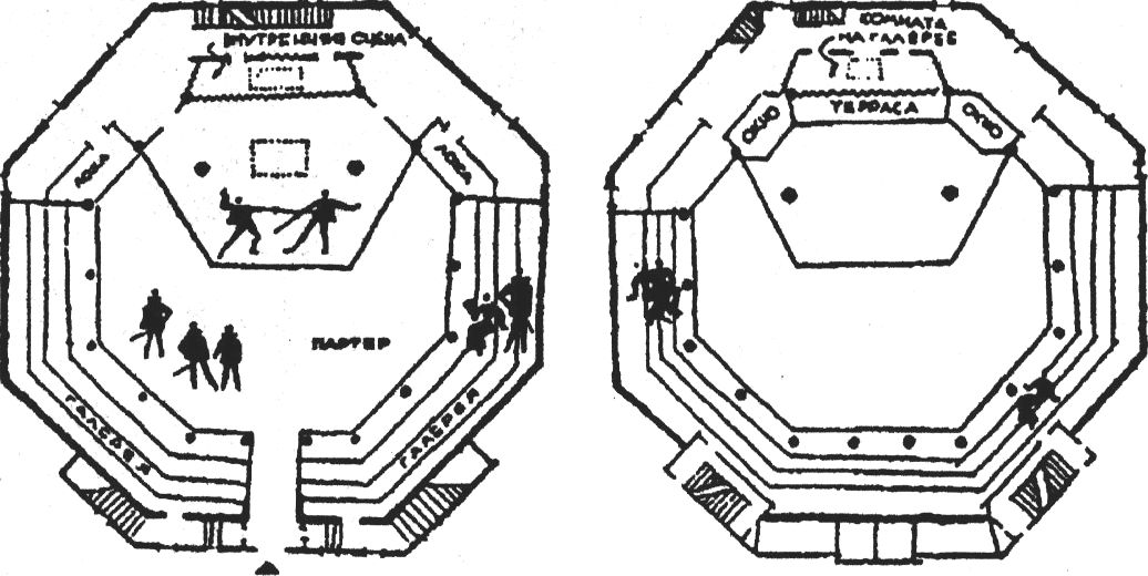 План театра «Глобус». План первого (справа) и второго яруса. Реконструкция