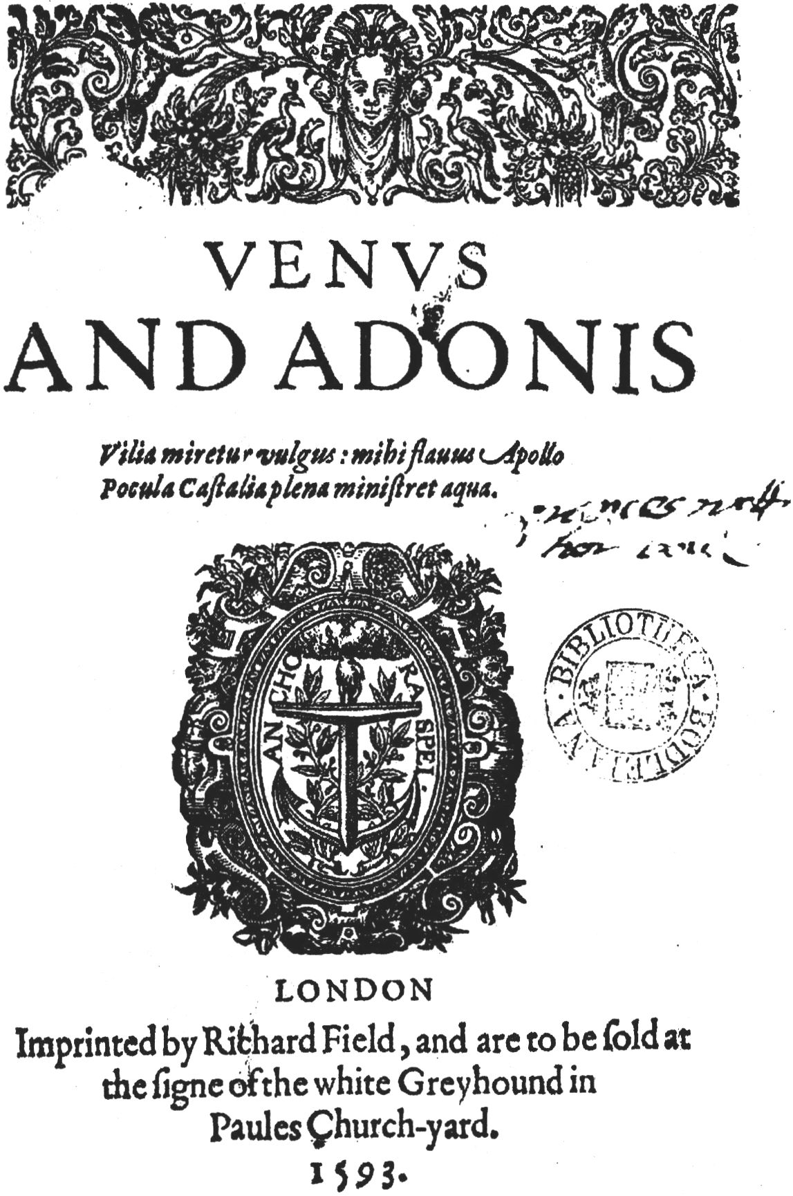 Поэма «Венера и Адонис» — первое произведение, опубликованное за подписью William Shakespeare. 1593 г.