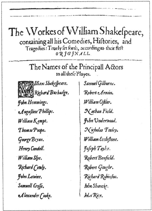 «Первое фолио». Список знаменитых актеров, игравших в пьесах Шекспира (его имя упомянуто первым)