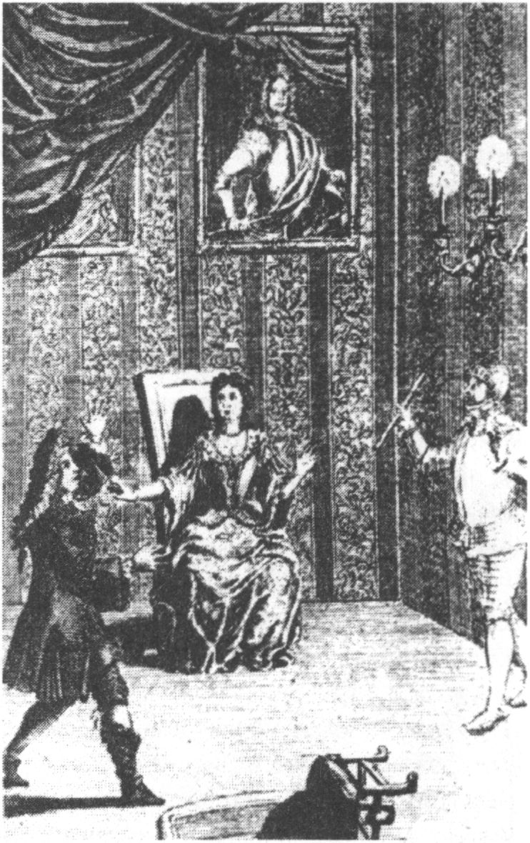Беттертон Томас (слева) в роли Гамлета. Рисунок из издания Роу, 1709