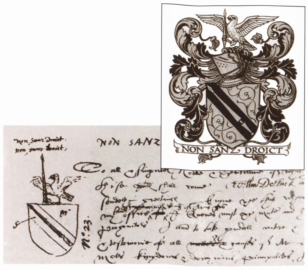 Герб Шекспира и его набросок, сделанный рукой герольдмейстера Уильяма Детика по заказу драматурга